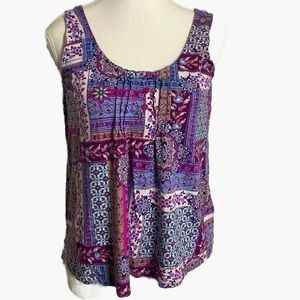 Tu Purple and Blue Print Tank Top with Criss Cross in Back